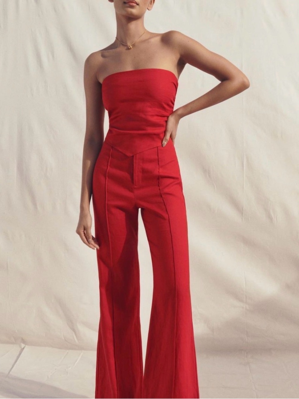 Reformation Red Linen Wide Leg Pant Set Size Small Coord Tube Top Palazzo Pants